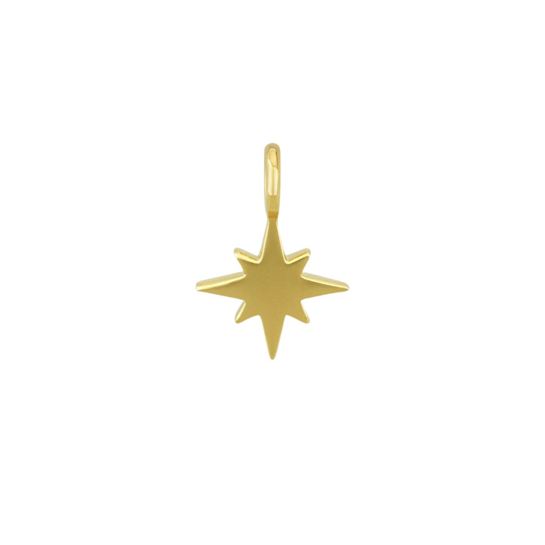Gold star-shaped pendant with eight points on a white background.