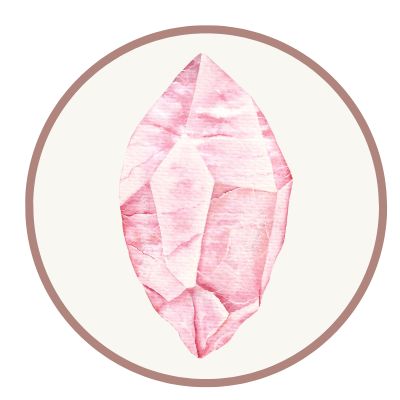 Illustration of a pink crystal or gemstone on a circular background.