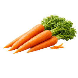 A bunch of four fresh carrots with green leafy tops and a few shavings on a white background.