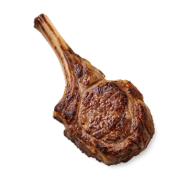 A single grilled bone-in tomahawk steak on a white background.