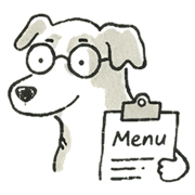 A cartoon dog with glasses holding a clipboard that says 'Menu'.