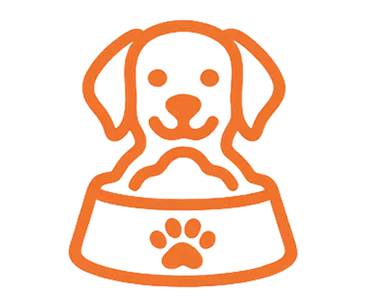 Orange outline of a dog in a bowl with a paw print.