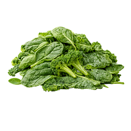 A pile of fresh green vegetables, including spinach and broccoli, on a white background.