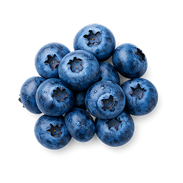 A top-down view of a small pile of fresh blueberries on a white background.