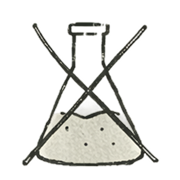 A hand-drawn illustration of a chemical flask with a large X crossed over it.