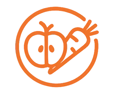 Orange outline of an apple and carrot inside a circle.