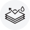 Icon showing layers with an arrow and water droplet, indicating waterproof material.
