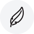 Simple black outline of a feather on a gray background.