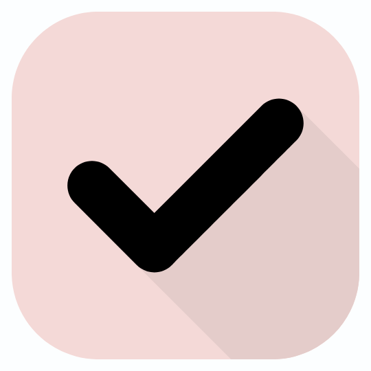 Black checkmark on a pink square background.