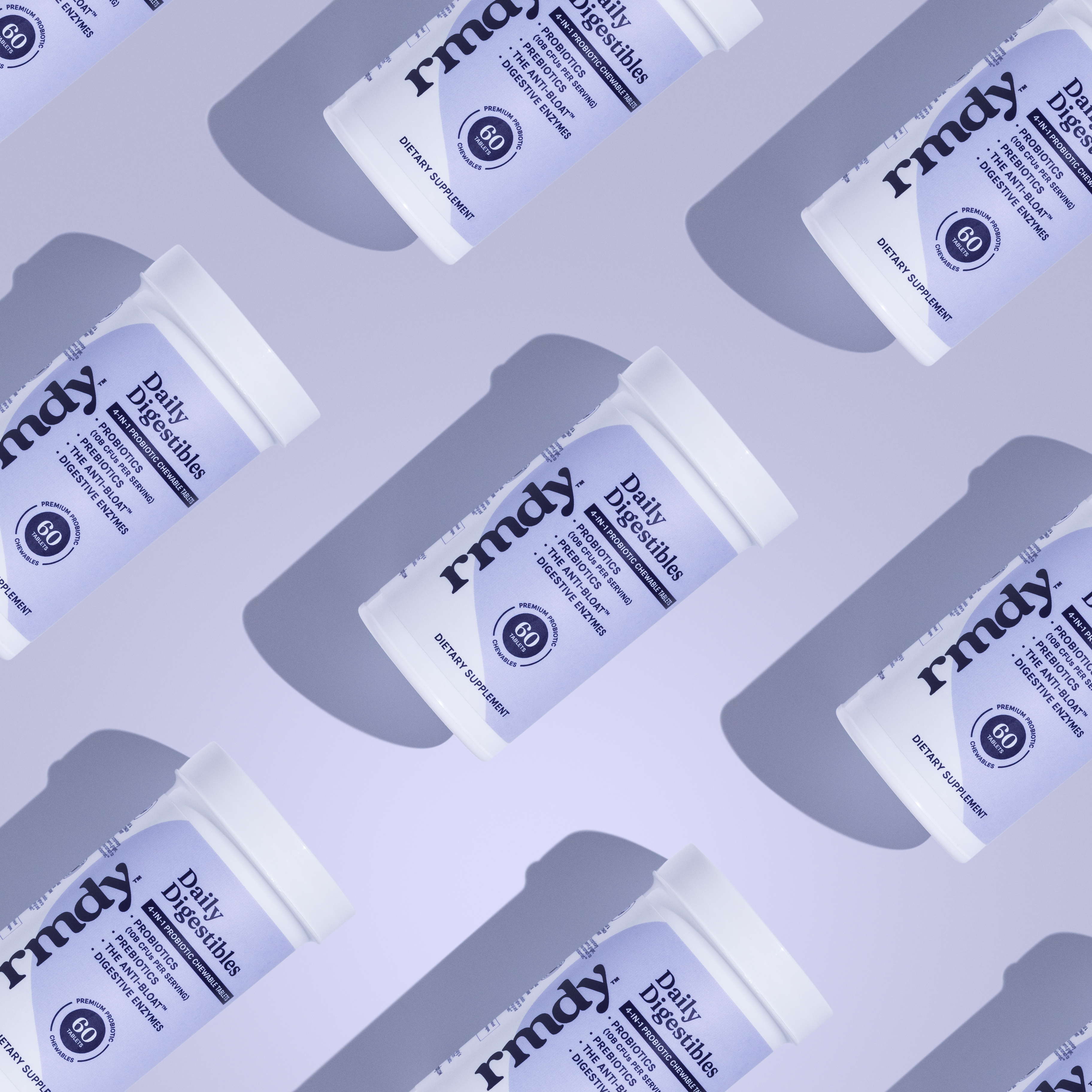 Pattern of white supplement bottles with purple labels on a light background.