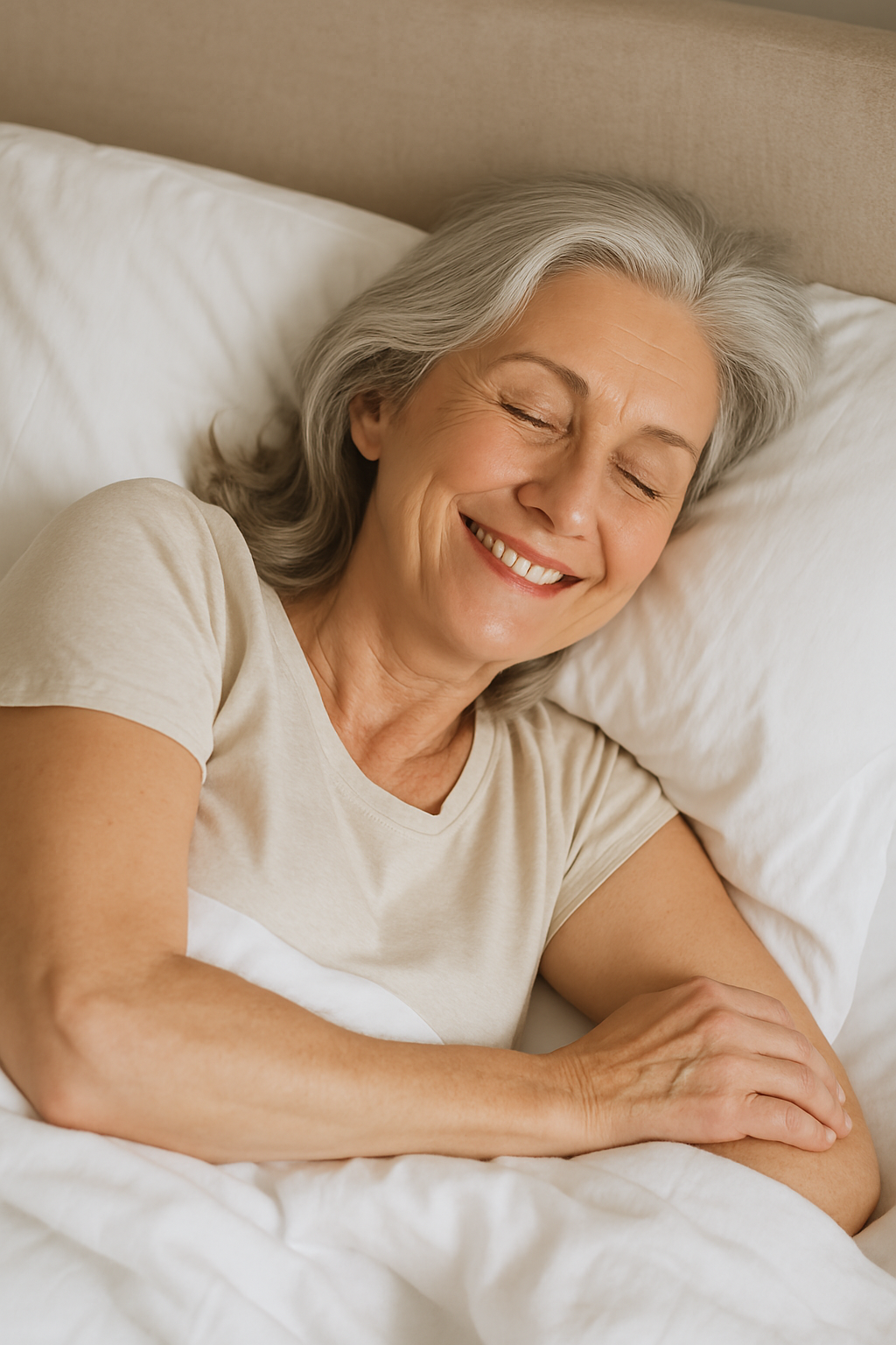 Smiling woman with gray hair sleeping peacefully in bed.