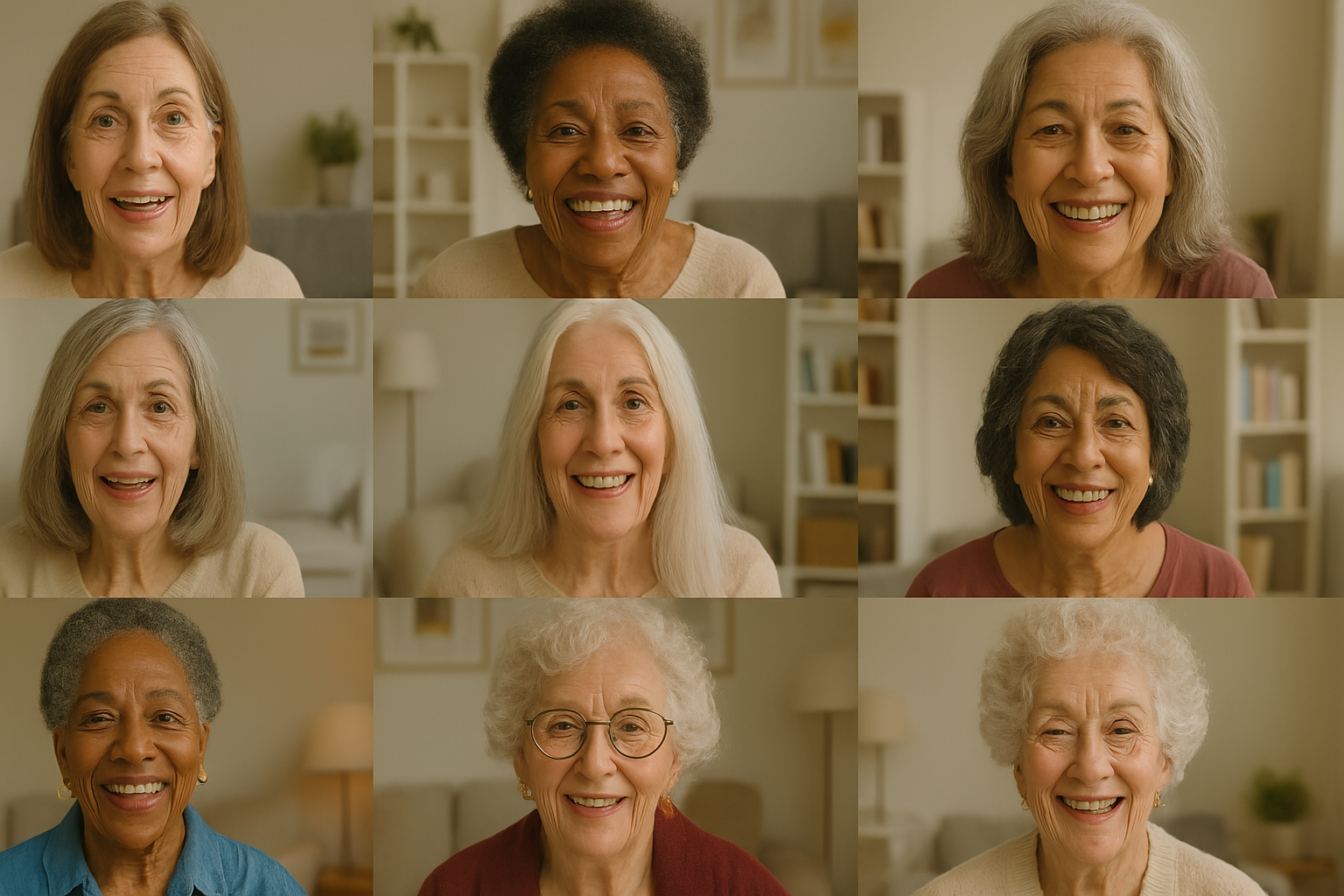 Collage of nine smiling elderly women in a cozy indoor setting.