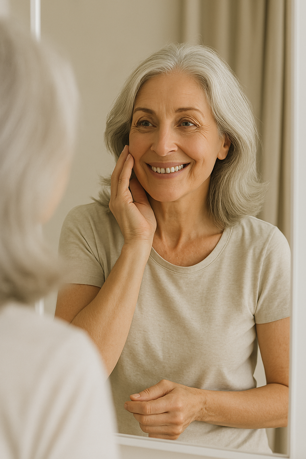 Smiling woman with gray hair looking in a mirror.