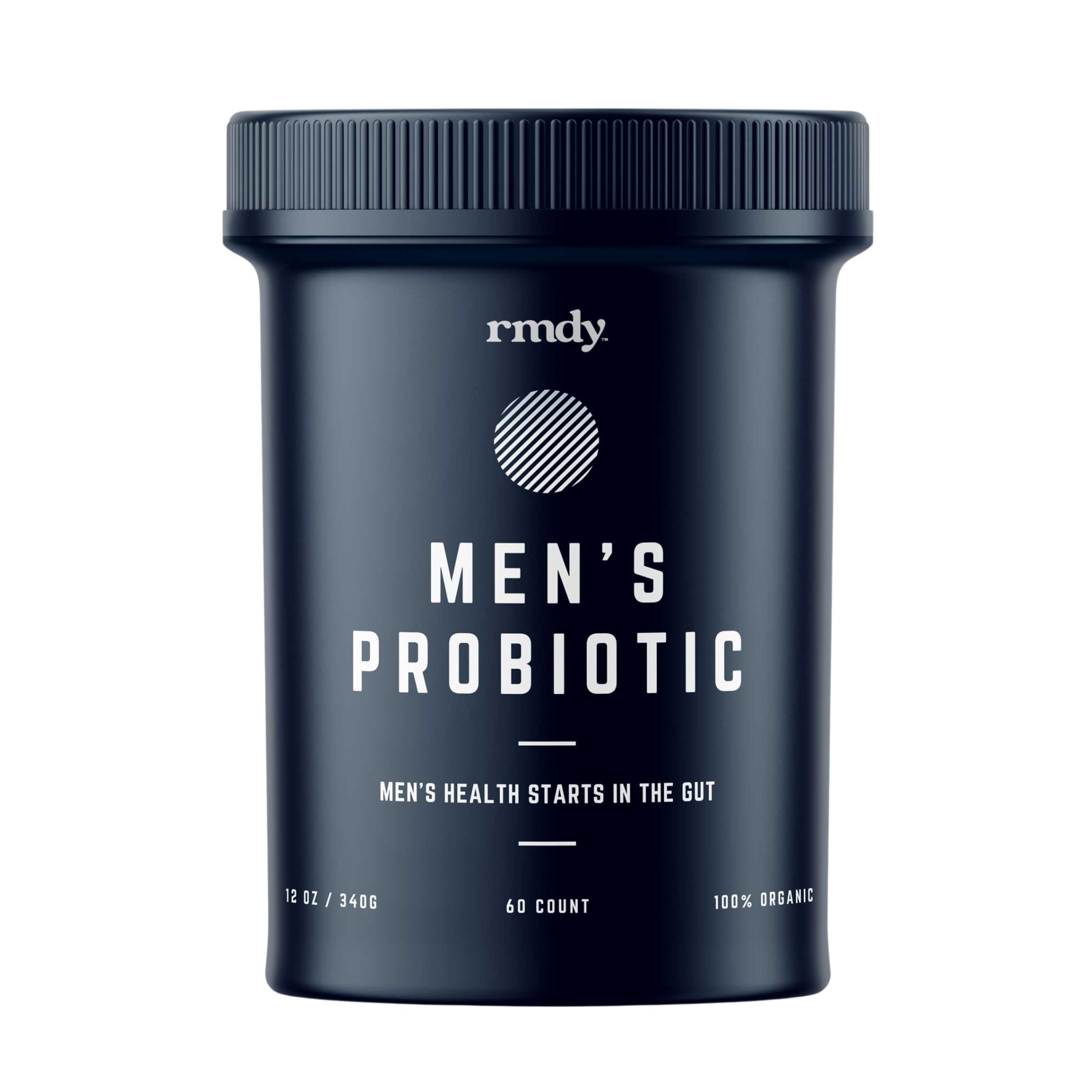 Black container labeled 'Men's Probiotic' with health-related text.