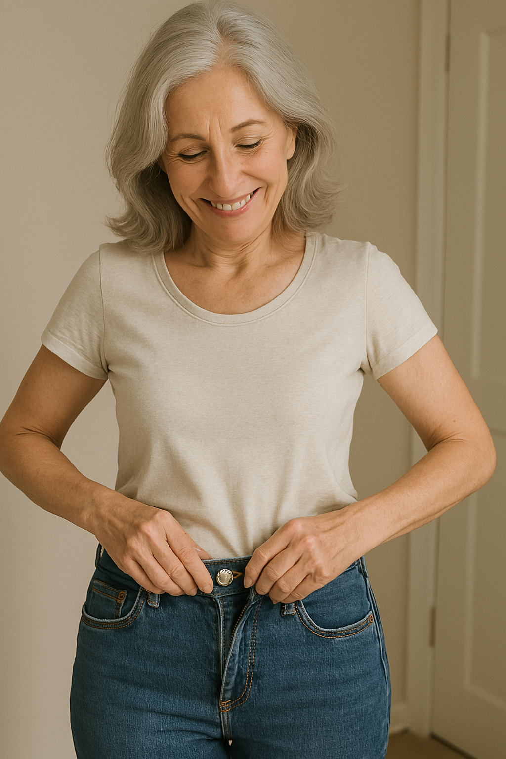 Smiling woman buttoning blue jeans in a beige room.