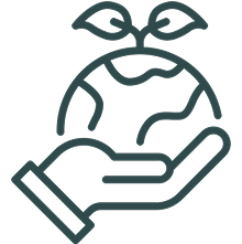 Line drawing of a hand holding a globe with a sprout.