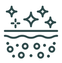 Abstract icon with stars and circles above a wavy line.