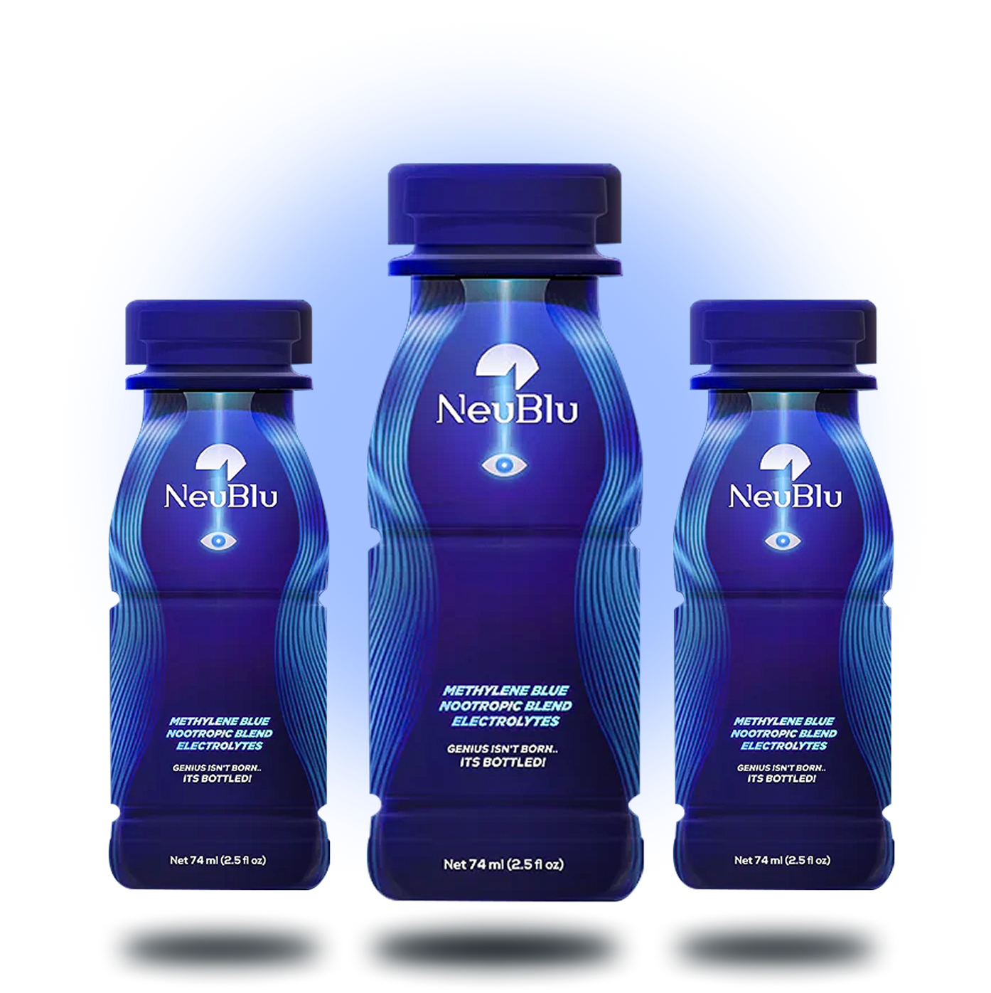 Three blue bottles labeled 'NeuBlu' with a glowing blue background.