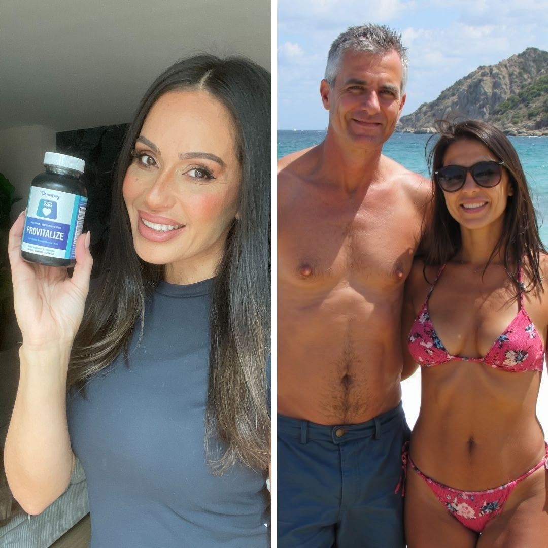 Split image: woman holding a supplement bottle; couple posing on a beach.