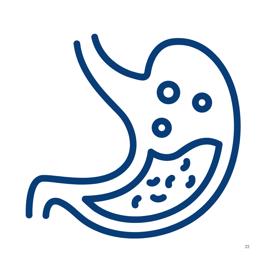 Simple line drawing of a stomach with bubbles inside.