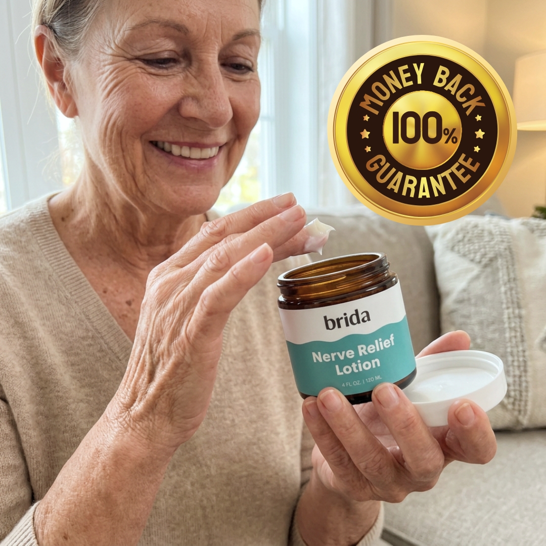 A smiling older woman applies Brida Nerve Relief Lotion from a jar onto her finger.