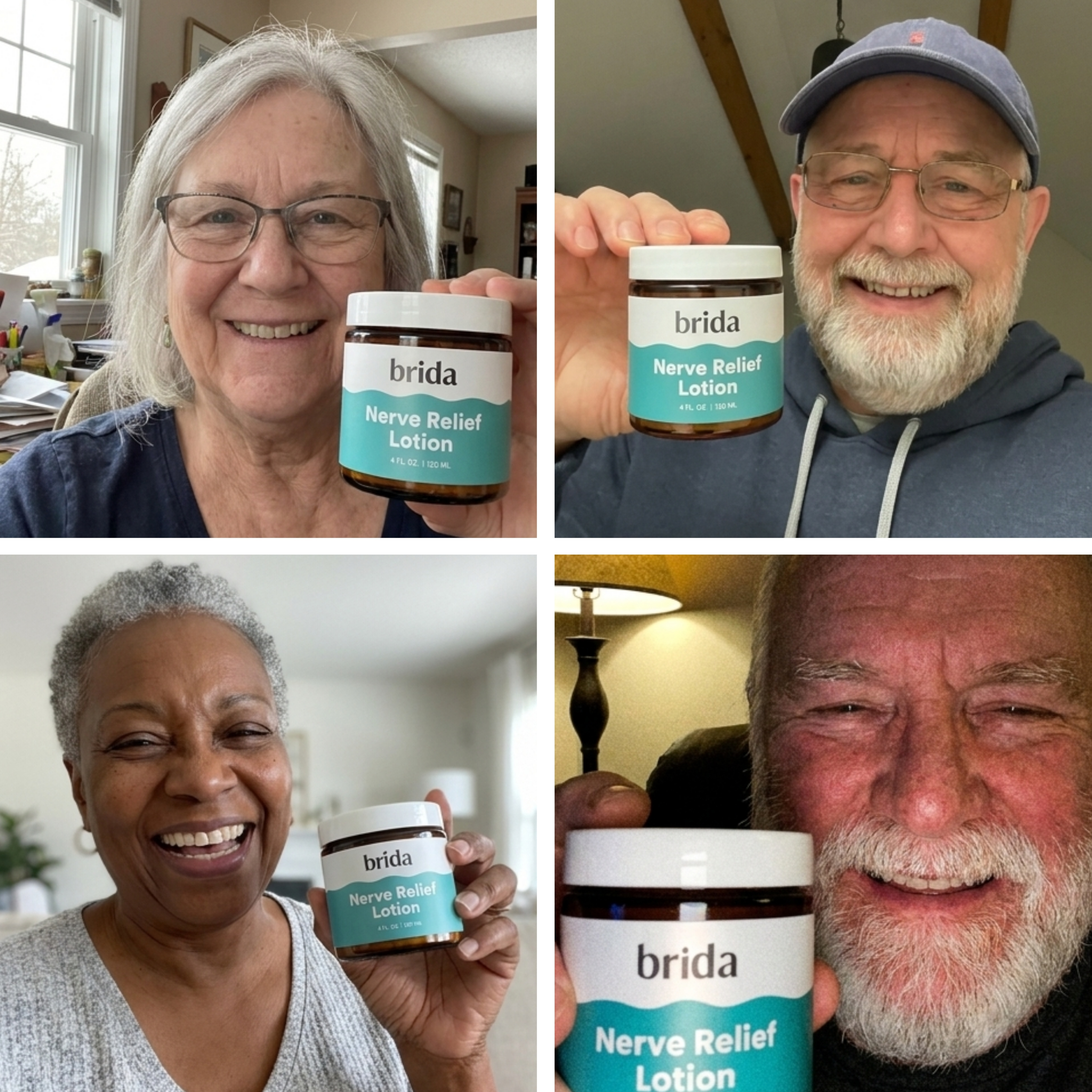 A collage of four different smiling people, each holding a jar of Brida Nerve Relief Lotion.