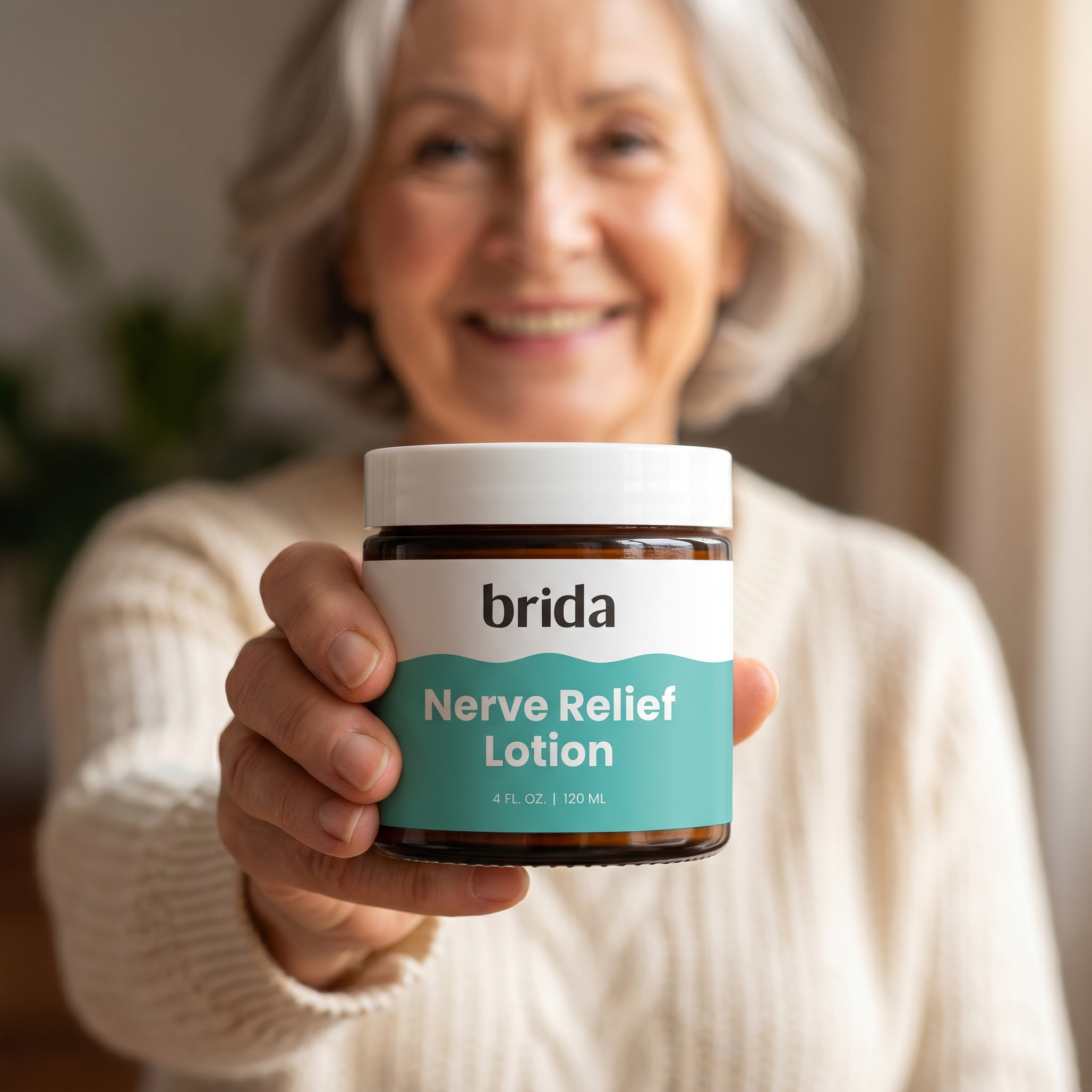 A smiling woman holds a jar of brida Nerve Relief Lotion towards the camera, with the product in focus.