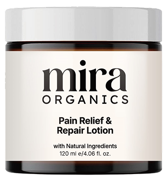 A jar of Mira Organics Pain Relief & Repair Lotion against a plain background.