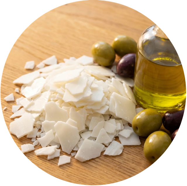 A pile of white flakes sits on a wooden surface next to olives and a bottle of oil.