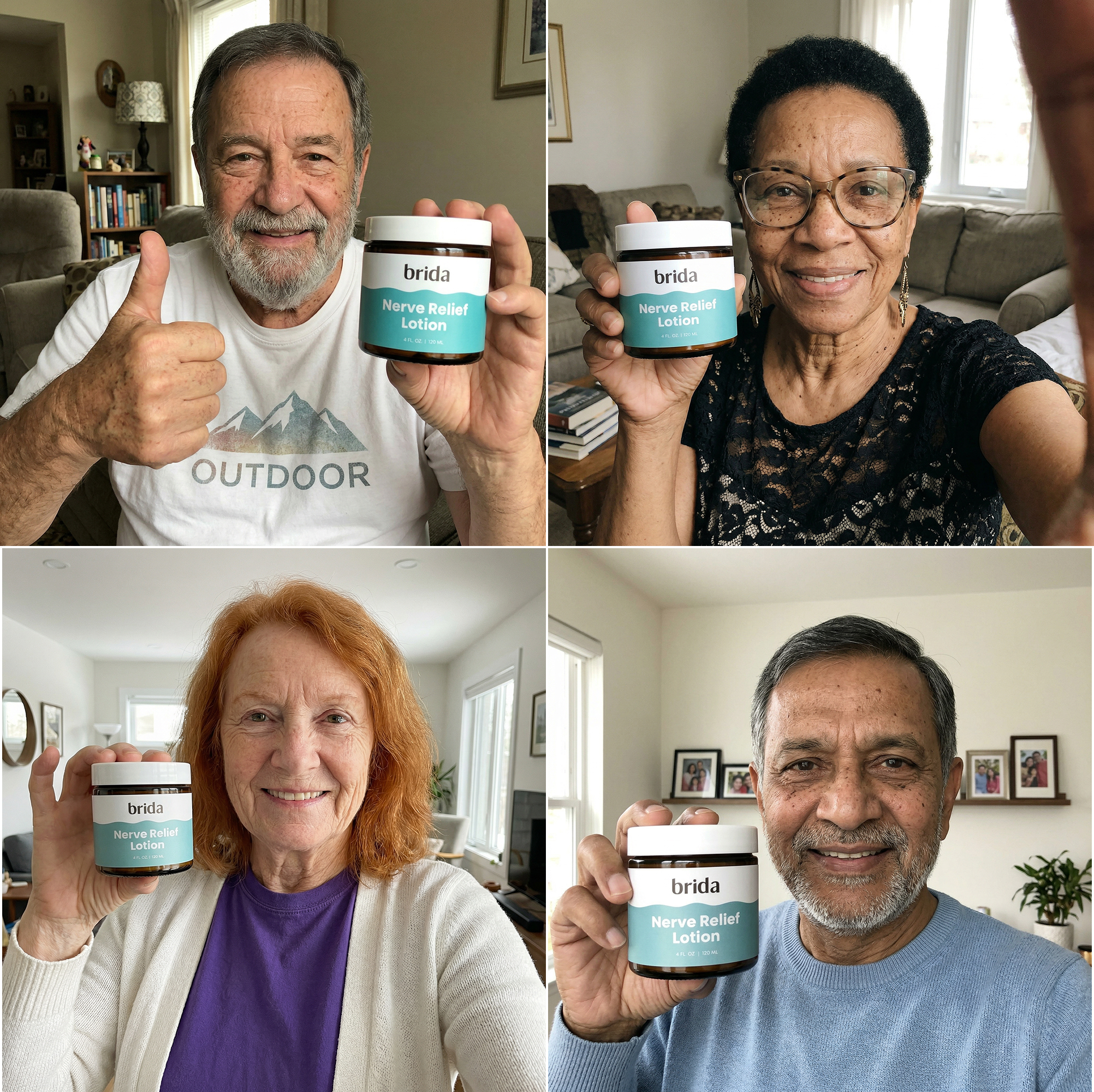 A collage of four smiling people, each holding a jar of brida Nerve Relief Lotion.