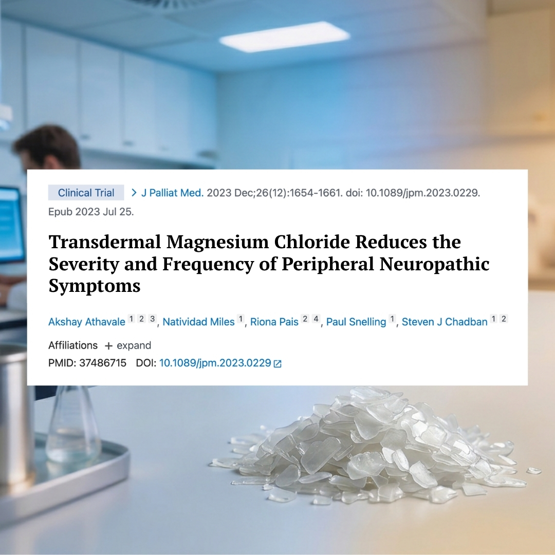 A screenshot of a clinical trial abstract about magnesium chloride, overlaid on a photo of magnesium flakes.