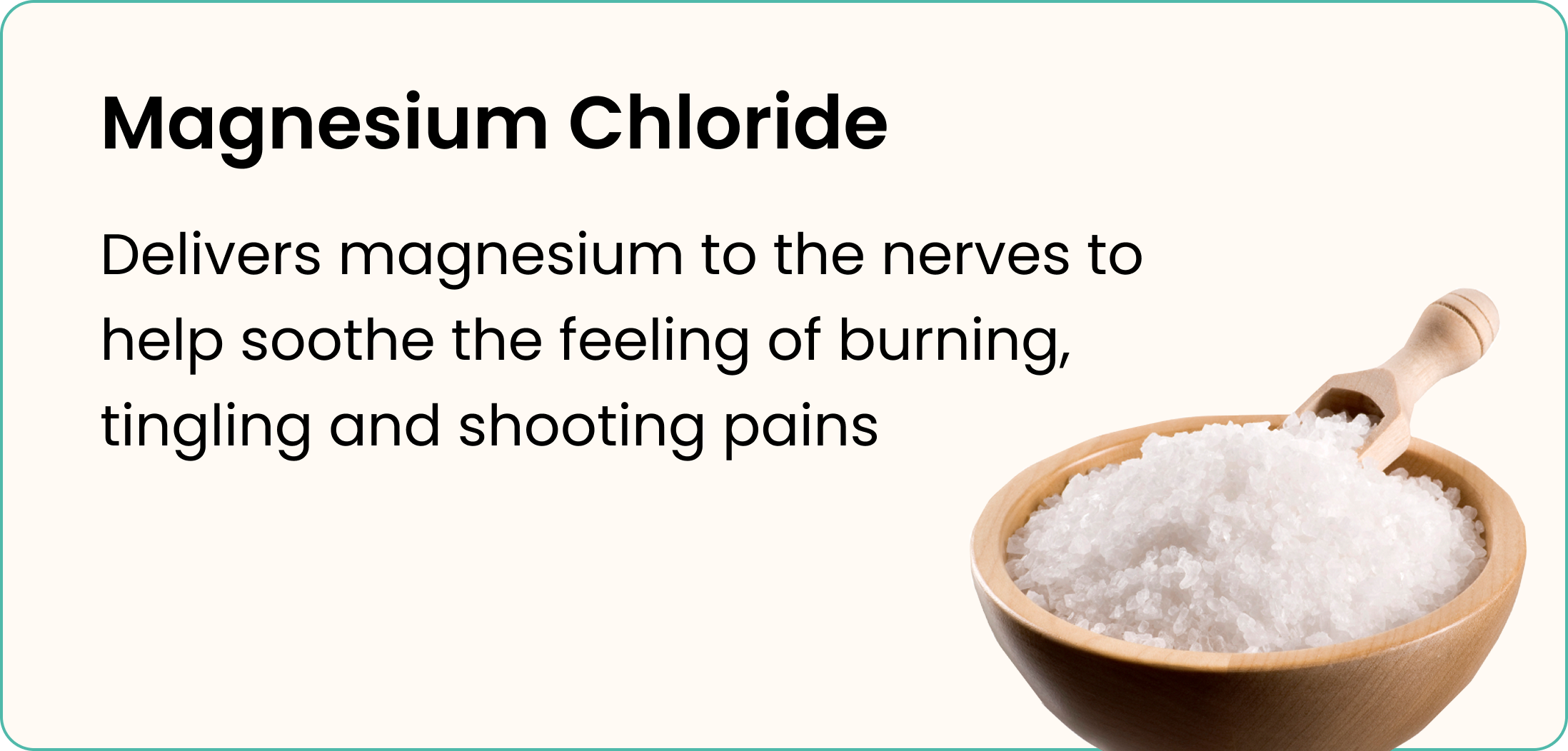 A graphic about Magnesium Chloride with text next to a wooden bowl of salt flakes.