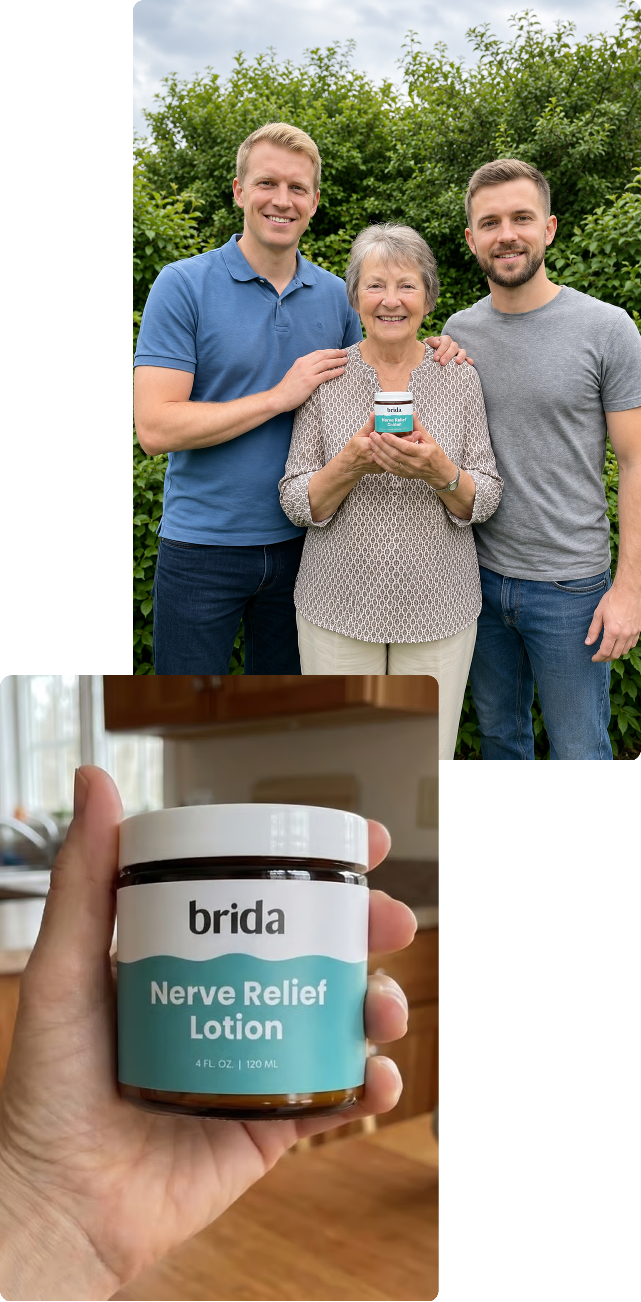 A family holding a jar of Brida Nerve Relief Lotion, and a close-up of the product.