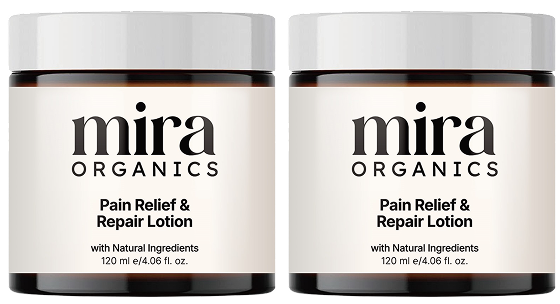 Three jars of Mira Organics lotion with a 'Free' badge and a 60-day guarantee seal.