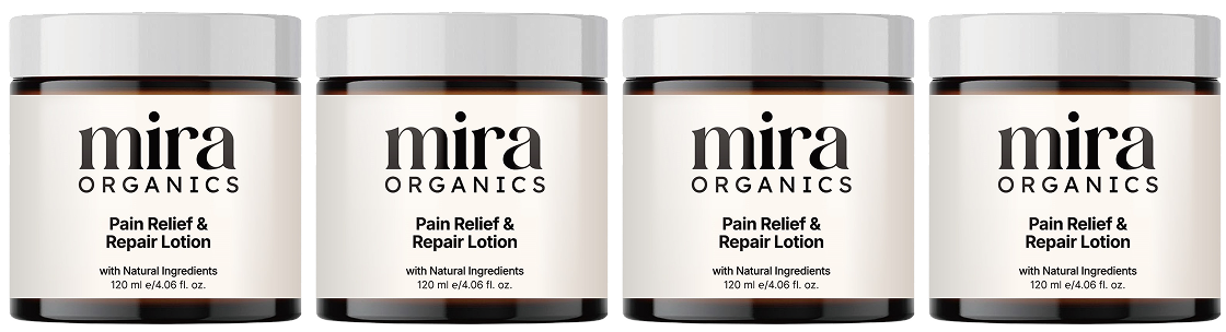 Three jars of Mira Organics lotion with a 'Free' badge and a 60-day guarantee seal.
