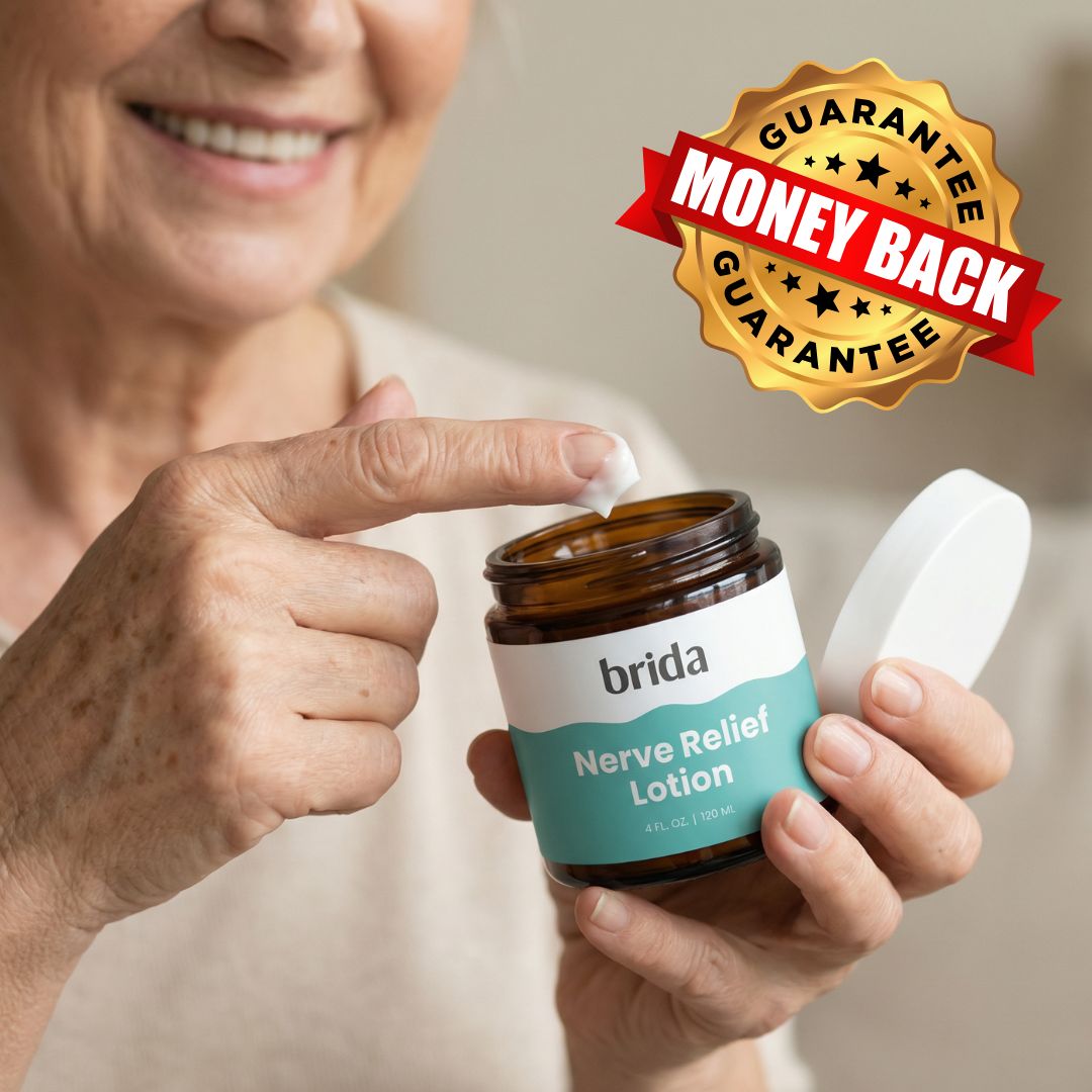 An older woman dips her finger into a jar of brida Nerve Relief Lotion.