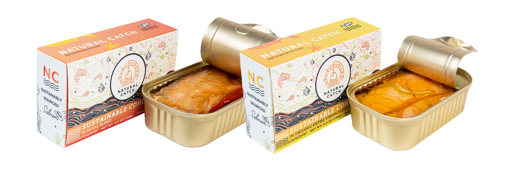 Two open tins of Natural Catch sustainably sourced salmon next to their outer boxes against a white background.