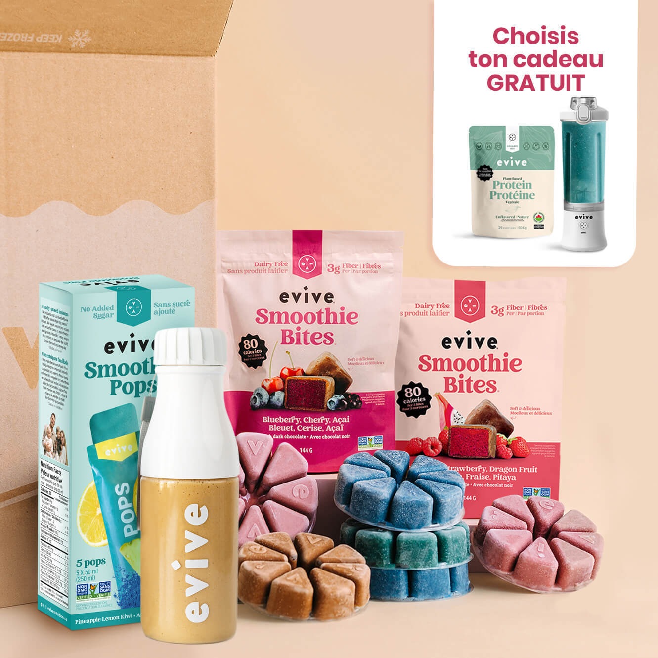 An assortment of Evive smoothie products, including frozen bites, pops, and a bottled smoothie.