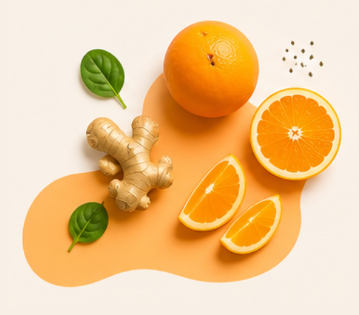 A flat lay of whole and sliced oranges, ginger root, and spinach leaves.