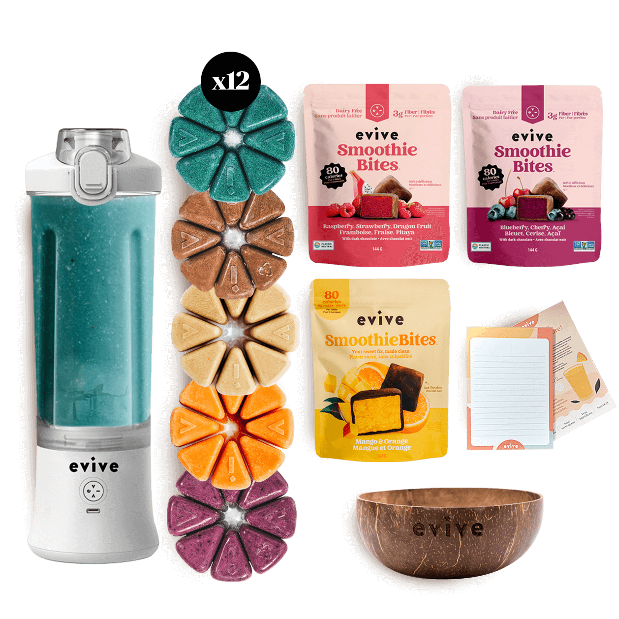An arrangement of Evive smoothie products, including a blender, smoothie bites, packages, and a coconut bowl.