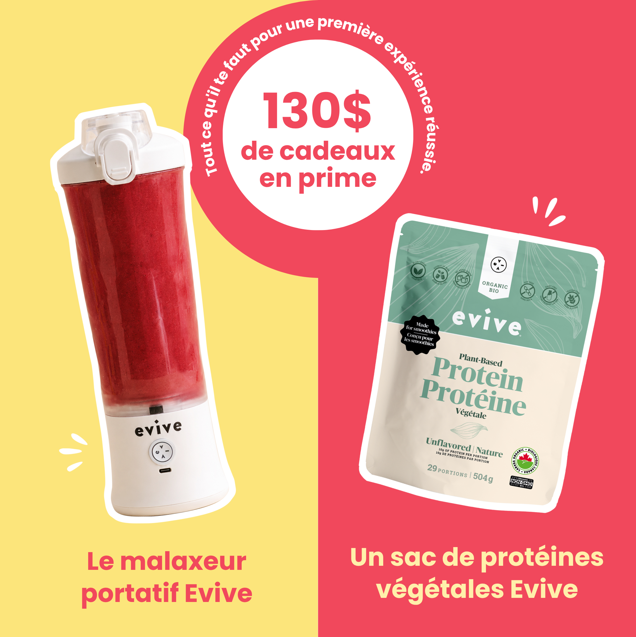 An Evive portable blender with a smoothie next to a pouch of Evive plant-based protein powder.