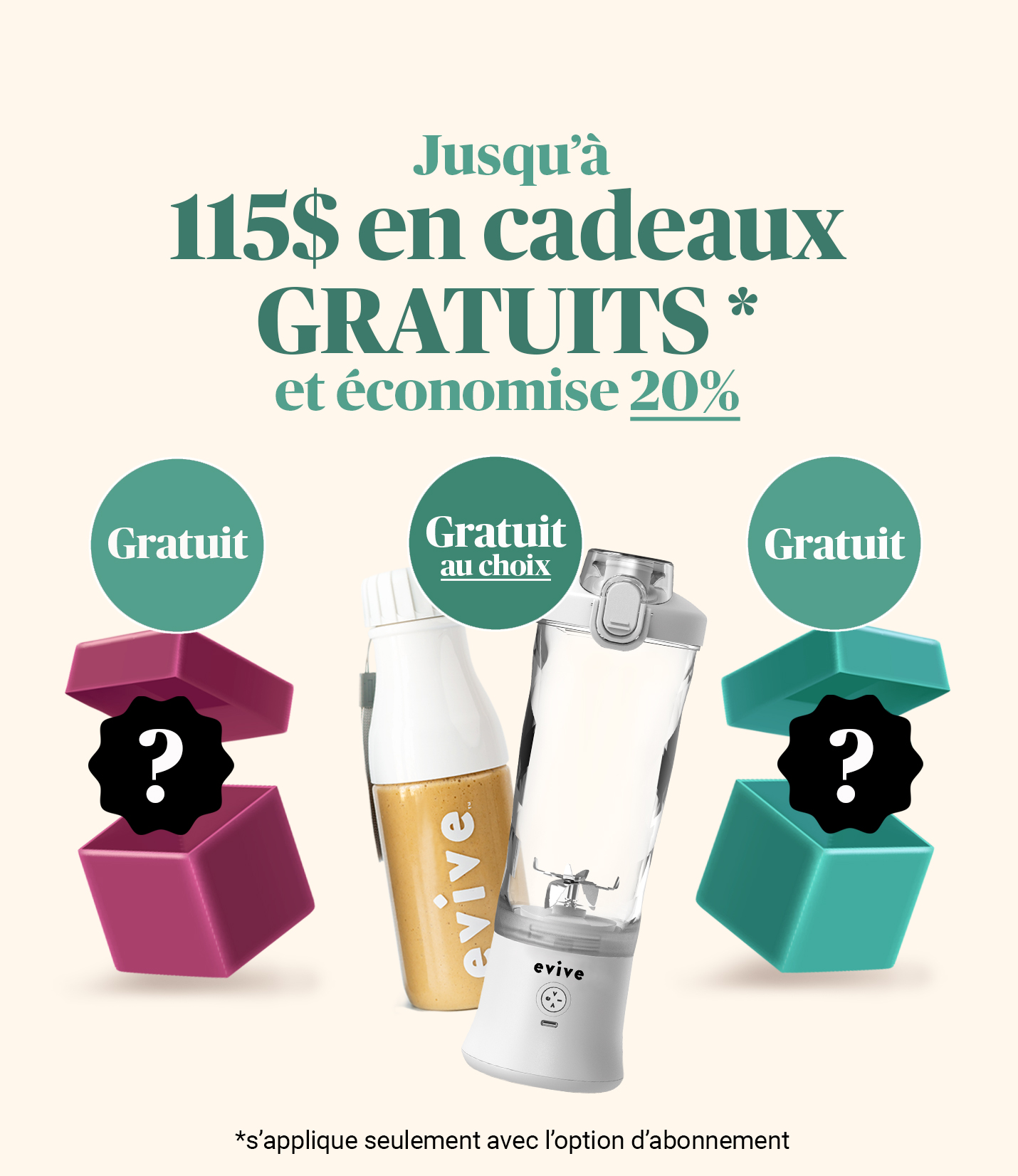 Promotional image with gifts, a blender, and French text about free offers and savings.