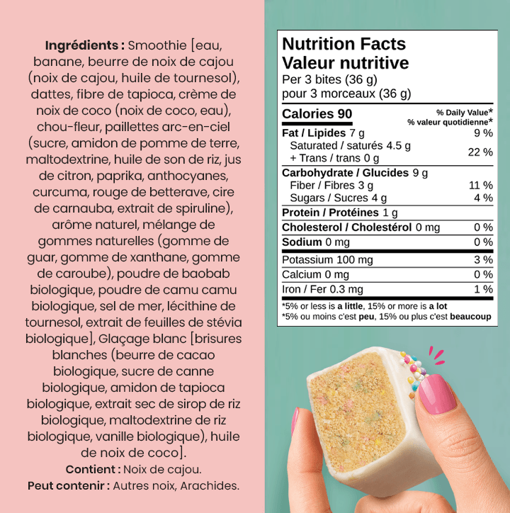 A food product's nutrition facts and ingredients list next to a hand holding a small frosted snack bite.