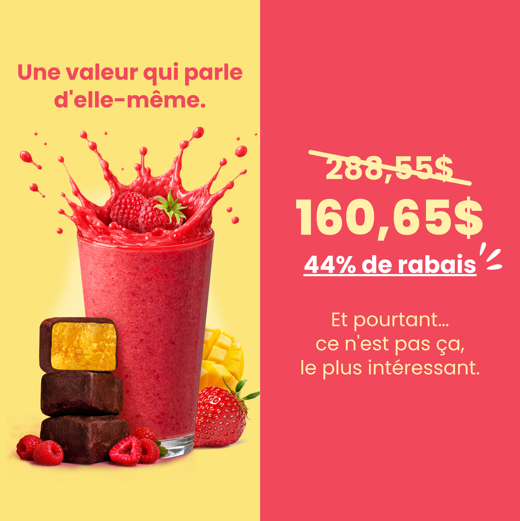 A promotional image of a raspberry smoothie, fruit, and snack bars next to French text and pricing information.