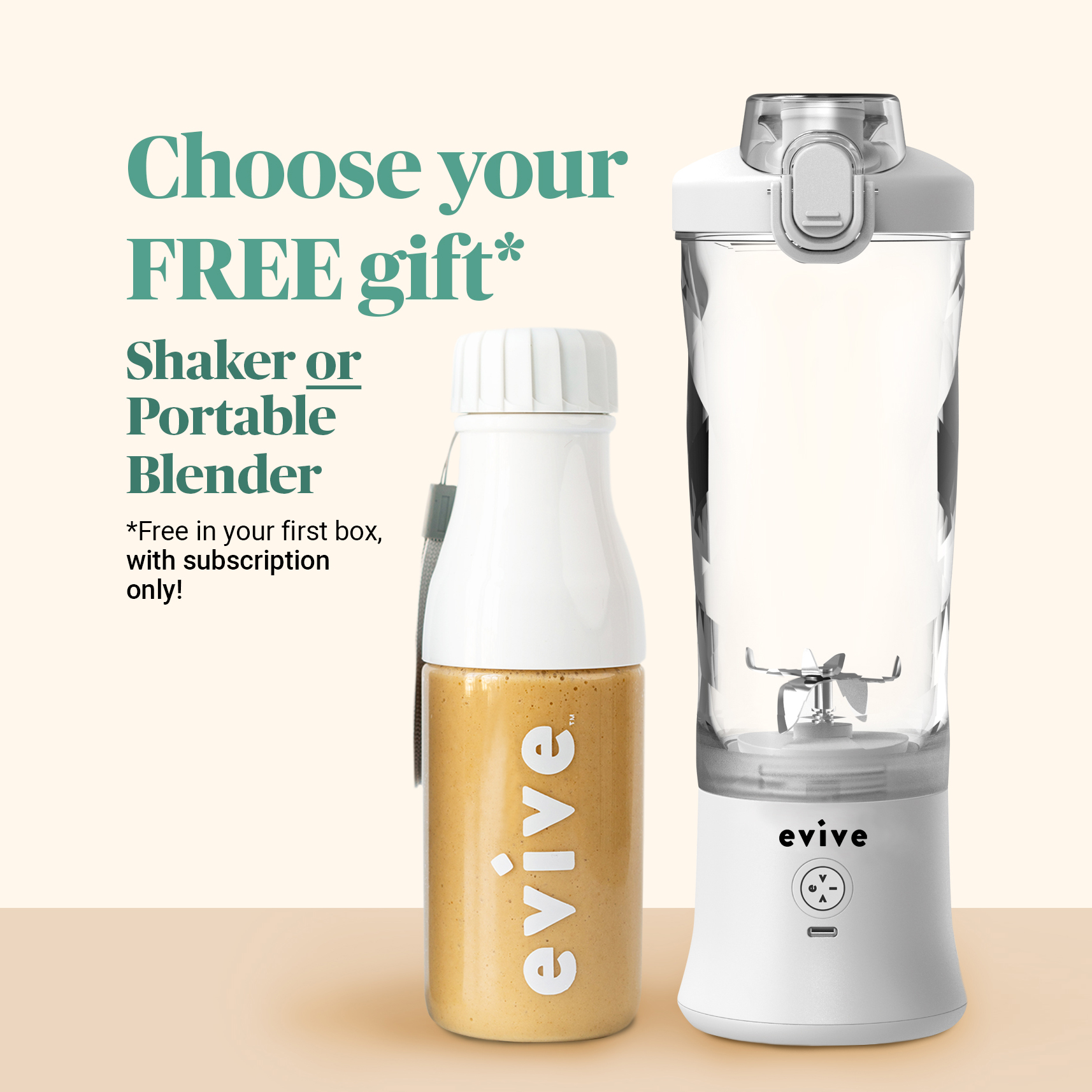 Image of a shaker bottle and portable blender with promotional text.