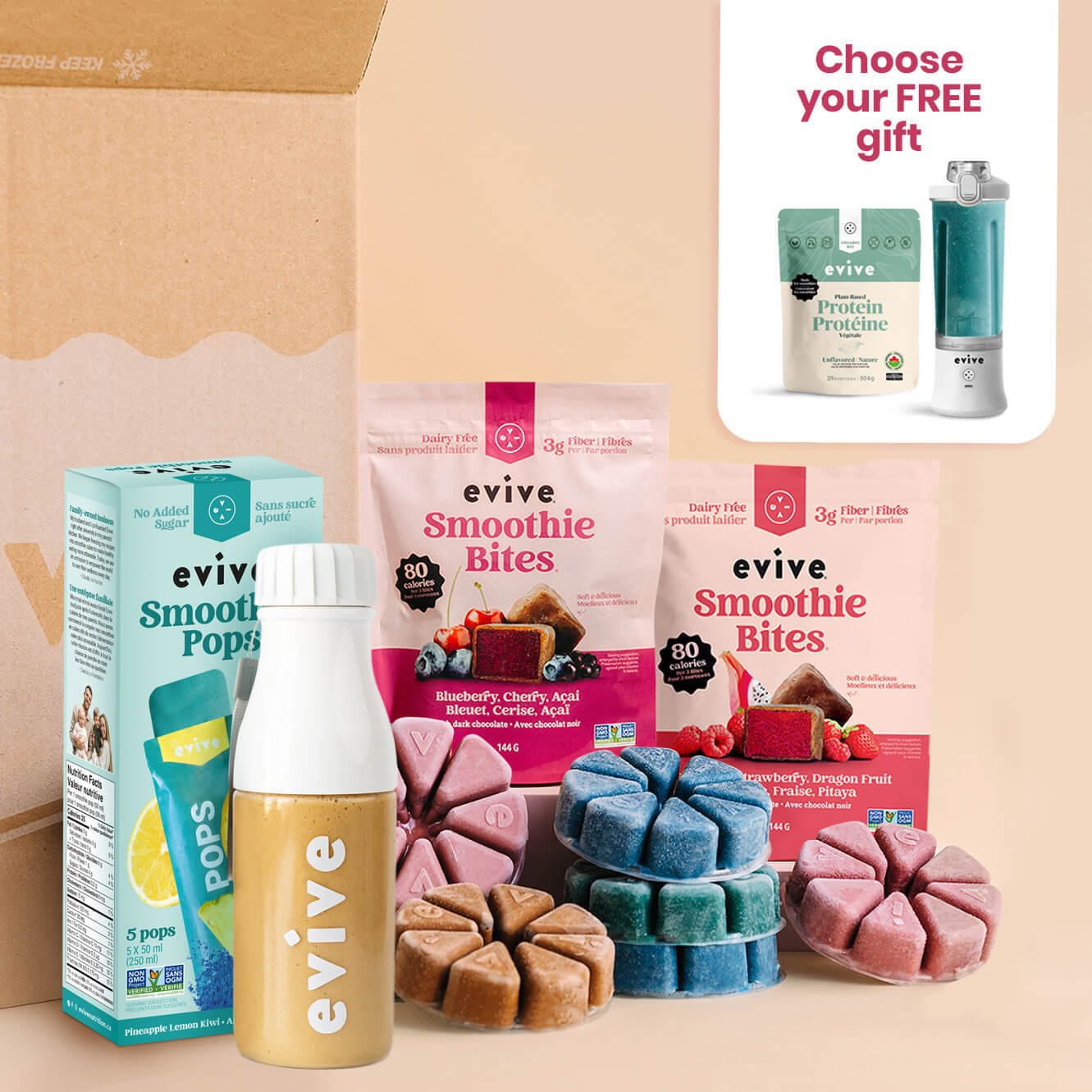 An assortment of Evive smoothie products, including frozen smoothie bites, smoothie pops, and a prepared smoothie bottle.