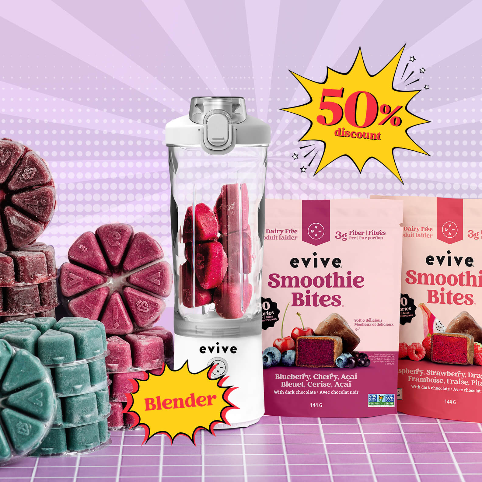 Colorful smoothie packs, blender, and smoothie bites with a 50% discount sign on a purple background.