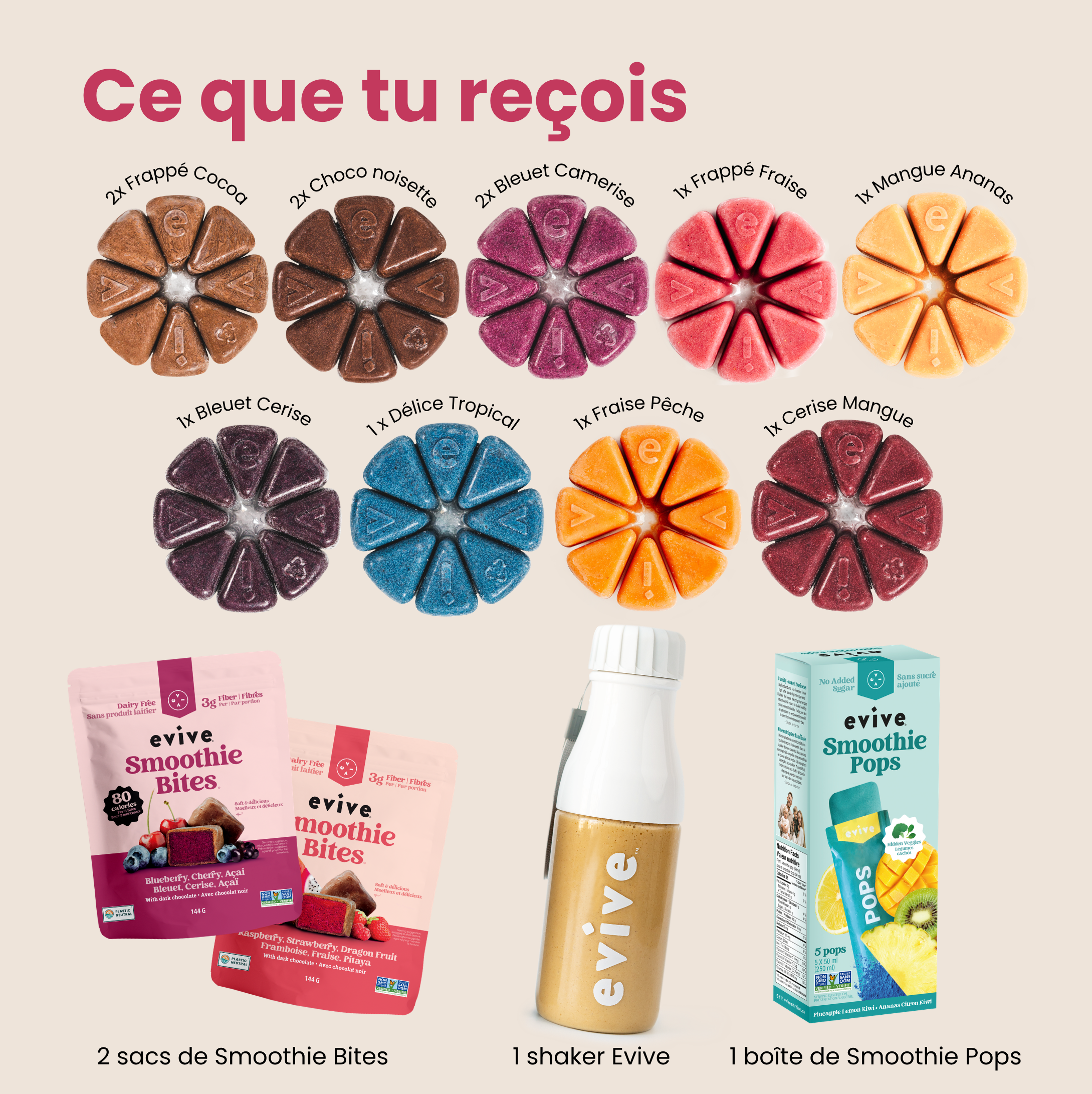 An assortment of Evive smoothie products including frozen smoothie cubes, smoothie bites, a shaker bottle, and smoothie pops.
