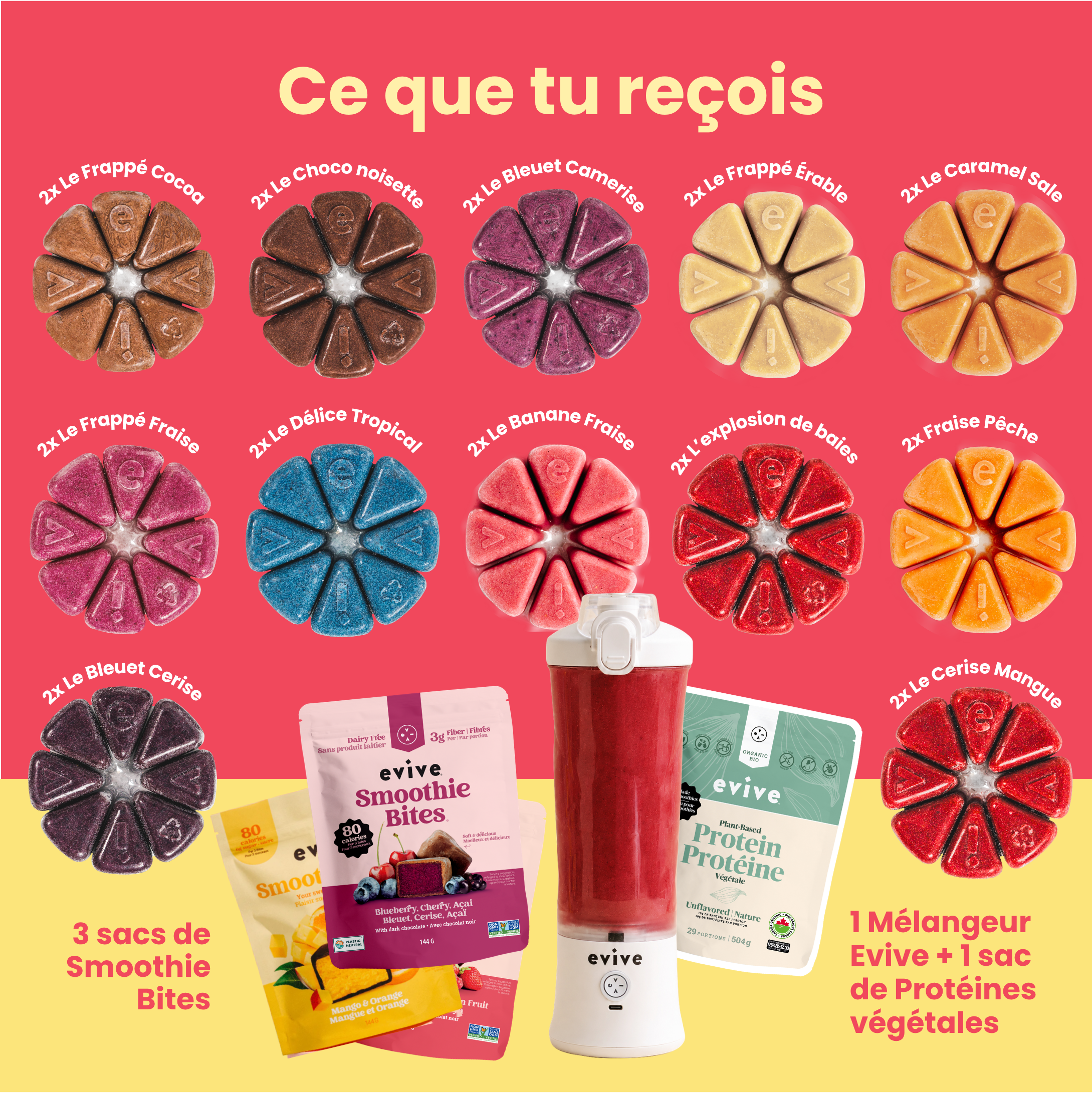 A colorful array of Evive smoothie bites and products against a bright pink and yellow background.