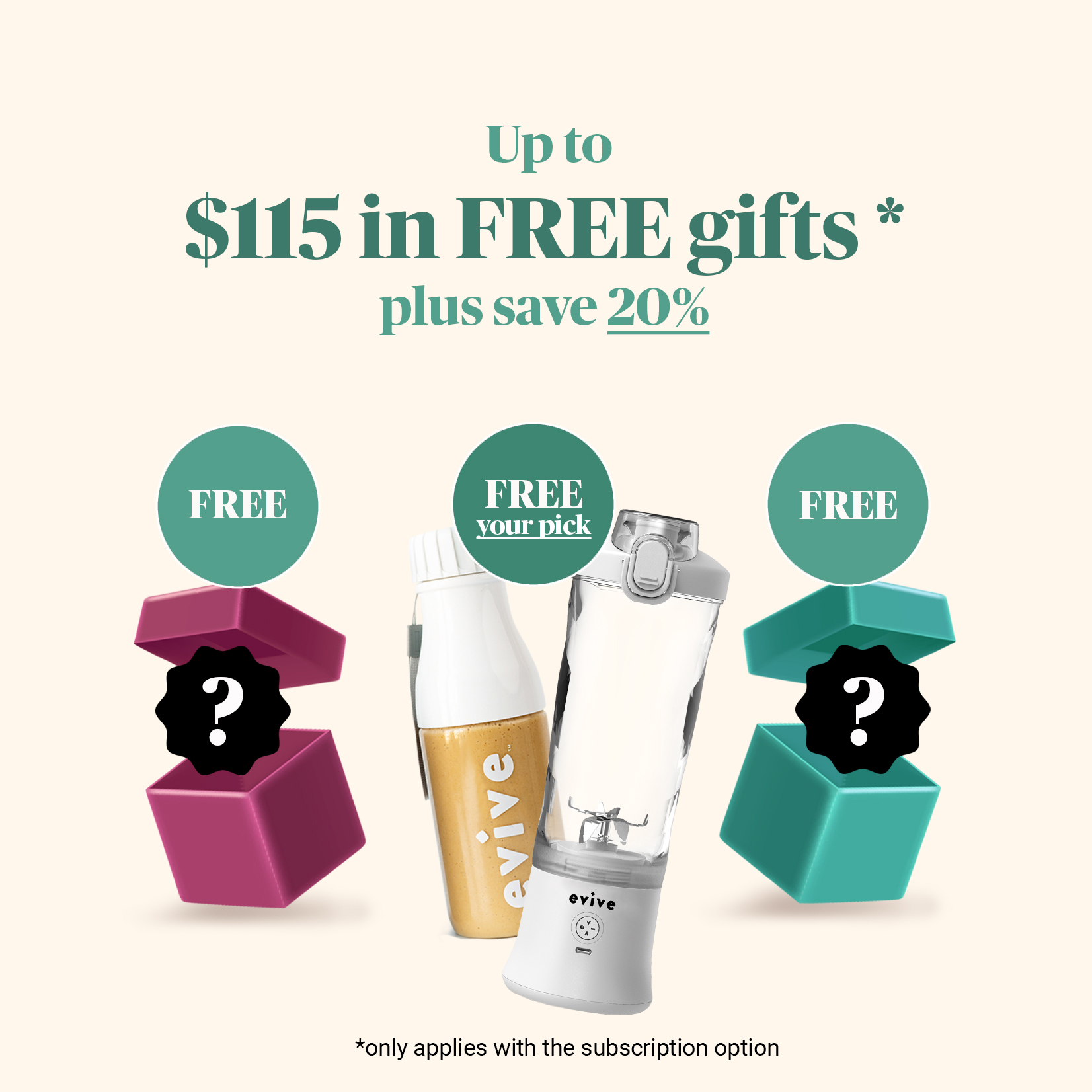 Promotional image offering free gifts with Evive products and subscription savings.